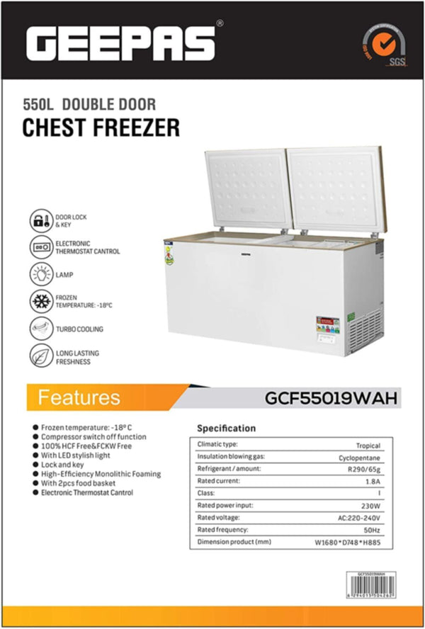 GEEPAS | Double Chest Freezer 550Ltr 230W White | GCF55019WAH