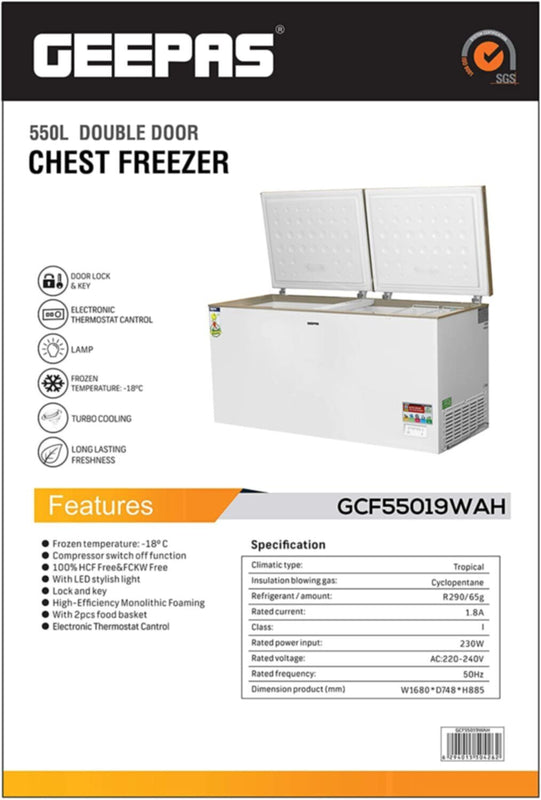 GEEPAS | Double Chest Freezer 550Ltr 230W White | GCF55019WAH