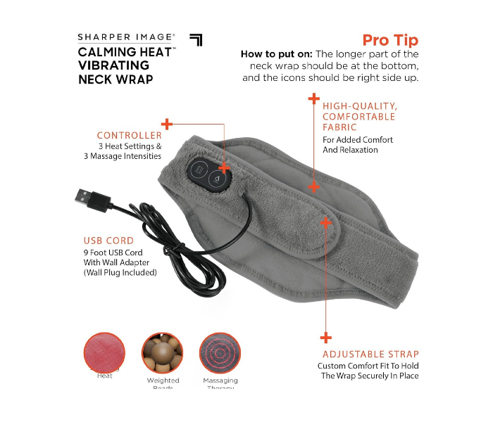 Heat Neck Wrap by Sharper Image Personal Electric Neck Heating Pad with Vibrations, 3 Heat & 3 Vibration Settings- 9 Relaxing Combinations | JPO6463