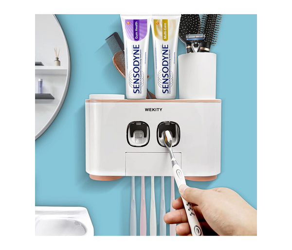 Wekity Toothbrush Holder Multifunctional Wall Mounted Space Saving Toothbrush and Toothpaste Squeezer Kit with Dustproof Cover 5 Toothbrush Slots 2 Automatic Toothpaste Dispenser and 4 Cups Pink | JPO6450