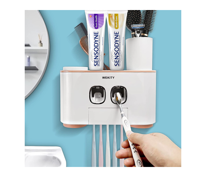 Wekity Toothbrush Holder Multifunctional Wall Mounted Space Saving Toothbrush and Toothpaste Squeezer Kit with Dustproof Cover 5 Toothbrush Slots 2 Automatic Toothpaste Dispenser and 4 Cups Pink | JPO6450