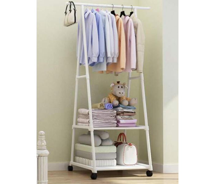 Portable Clothes Rack with Hanging Rod Two Storage Shelves and Wheels Freestanding Garment Organizer Stand | JPO2858