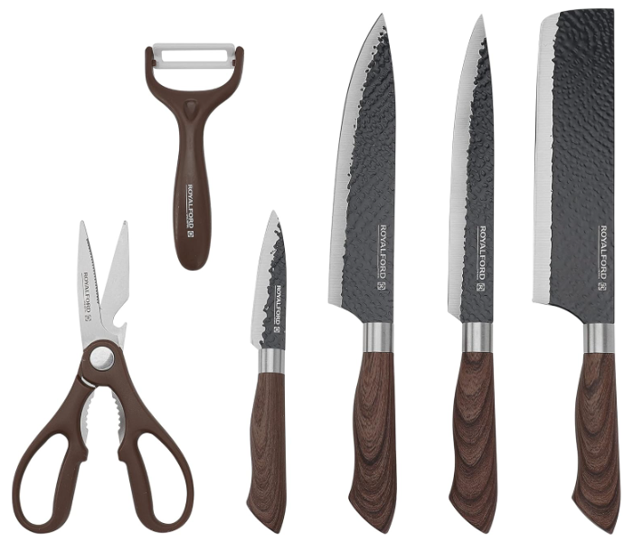 ROYALFORD | 6pcs Kitchen Knife Set with Non Stick Coating And Extra Short Stainless Steel Blades Brown | RF10462
