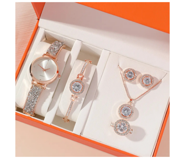 Jongo 1 pcs watch with rhinestone decor and 5 piece jewellery set | JPN3087