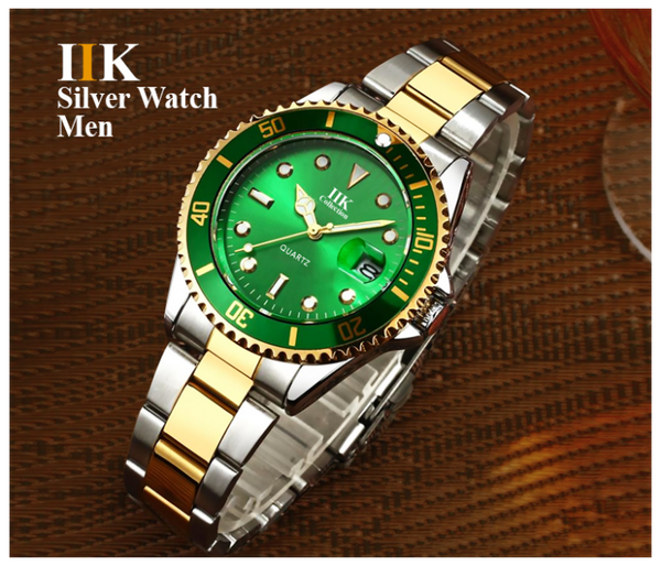 IIK Rotatable Bezel Sapphire Glass Stainless Steel Band Sport Quartz Wrist Watch for Men – Green and Gold  | JPE9325