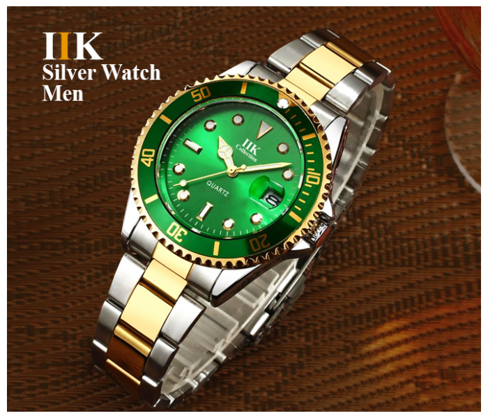 IIK Rotatable Bezel Sapphire Glass Stainless Steel Band Sport Quartz Wrist Watch for Men – Green and Gold  | JPE9325