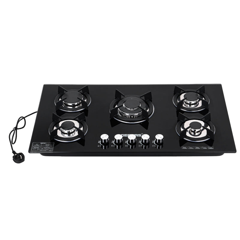 GEEPAS | 5 Burner Gas Hob Attractive Design 8mm Tempered Glass Worktop Automatic Ignition Black | GGC31011