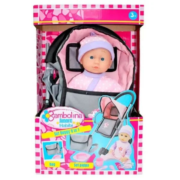 BAMBOLINA | Set Buggy 8 in 1 With 29 CM Doll + Carrier Bag + Handbag + 4pc Acc | BD2118SUP
