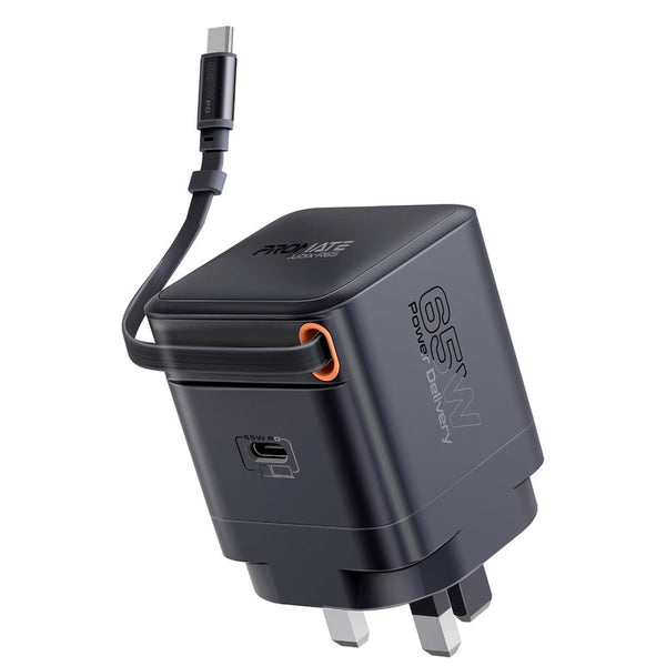 PROMATE | 65W PD Ganfast Charging Adaptor With UCBC C Cable Black | CUBIX-R65.UK.BLACK