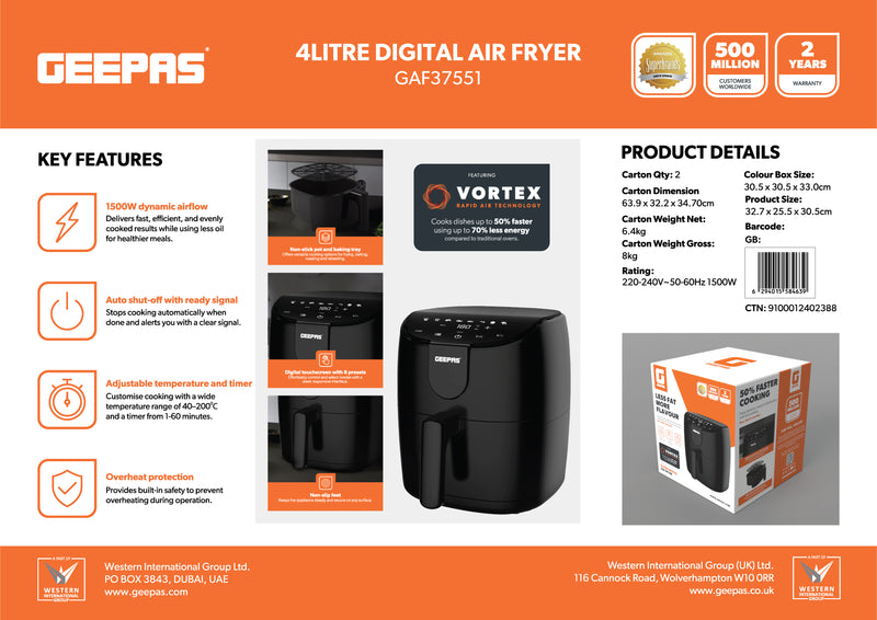 GEEPAS | 4L Digital Air Fryer 1500W |  GAF37551