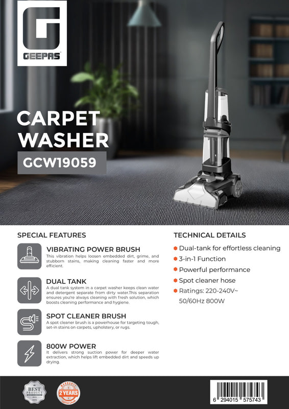 GEEPAS | Carpet Washer Dual Tank Deep Cleaning  (800W) | GCW19059