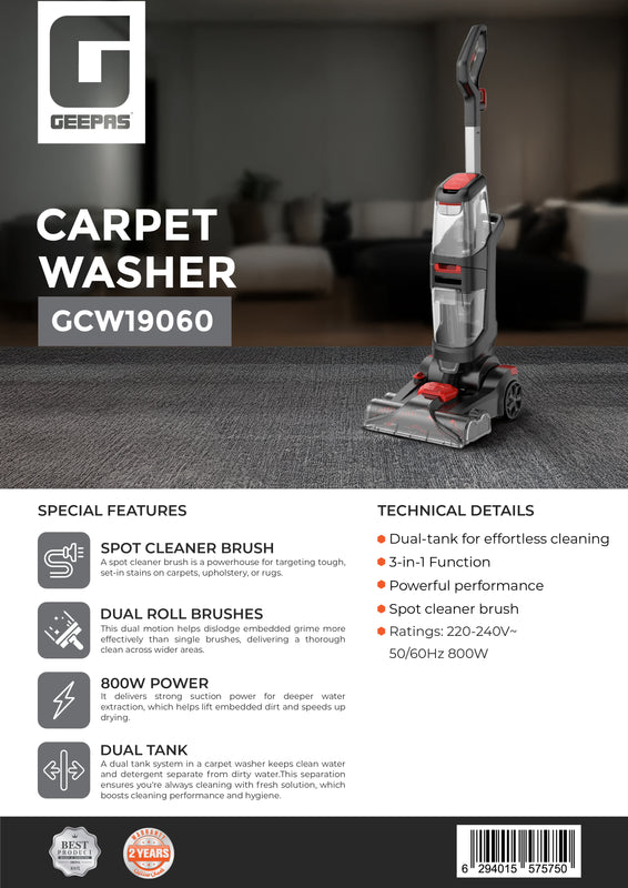 GEEPAS |  Dual Roll Brush Deep Cleaning Carpet Washer 800W |  GCW19060