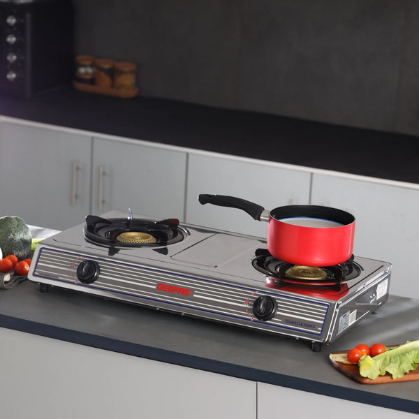 GEEPAS | Stainless Steel Gas Cooker Double Cast Iron Burner Stovetop Silver | GK5605