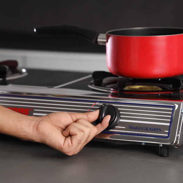 GEEPAS | Stainless Steel Gas Cooker Double Cast Iron Burner Stovetop Silver | GK5605