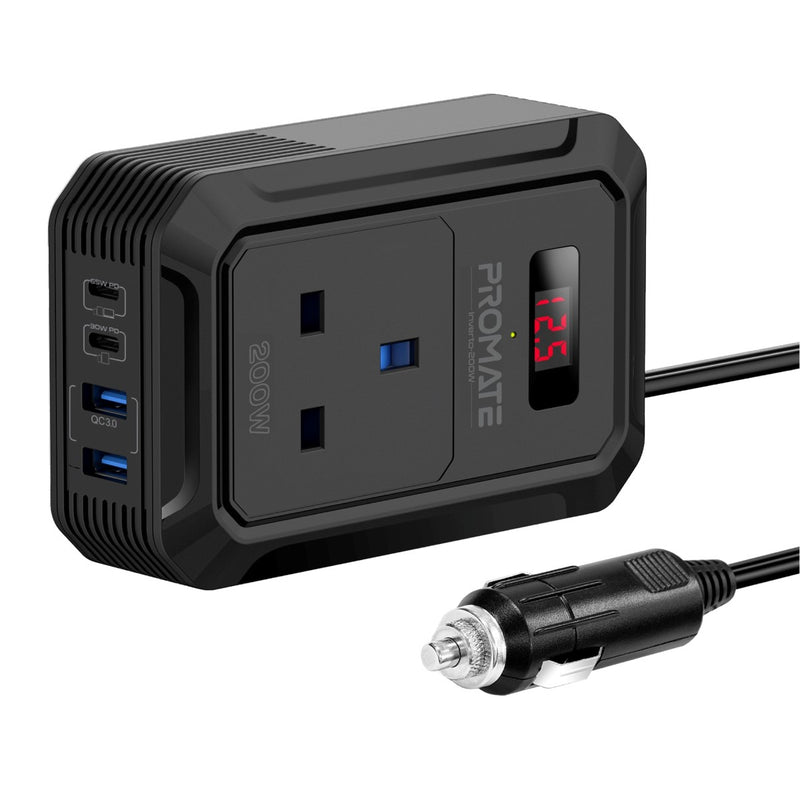 PROMATE | Multi Port Toac Power Inverter With 200W AC Socket USBC C and USB A | INVERTO-200W