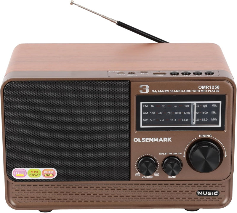 OLSENMARK | 3 Band Rechargeable Wireless Radio/AM/FM/SW/BT/MP3/AUX | OMR1250
