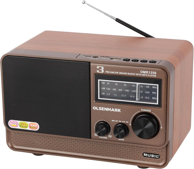 OLSENMARK | 3 Band Rechargeable Wireless Radio/AM/FM/SW/BT/MP3/AUX | OMR1250