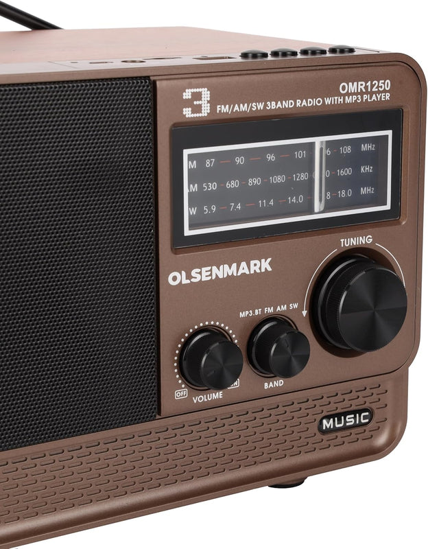 OLSENMARK | 3 Band Rechargeable Wireless Radio/AM/FM/SW/BT/MP3/AUX | OMR1250