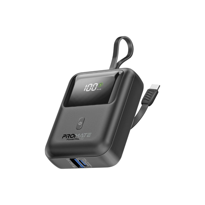 PROMATE | 10000 Mah Power Bank With 35 W Power Deivery With Built In C and Lightning Cable Black | POWERPOD-10.BLACK