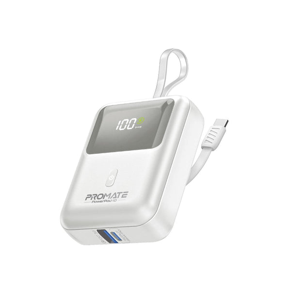 PROMATE | 10000 Mah Power Bank With 35 W Power Deivery With Built In C and Lightning White | POWERPOD-10.WHITE
