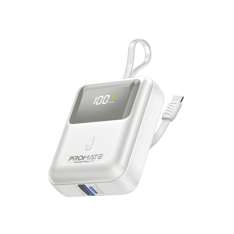 PROMATE | 10000 Mah Power Bank With 35 W Power Deivery With Built In C and Lightning White | POWERPOD-10.WHITE