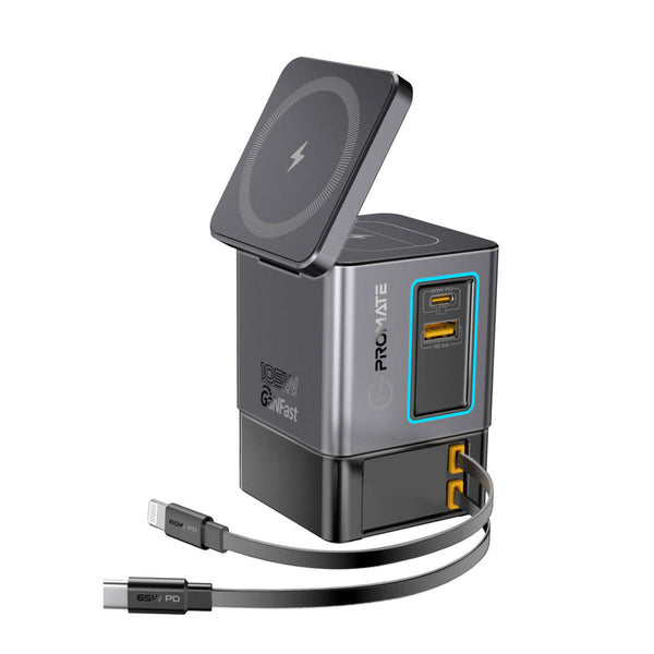 PROMATE | 105 W Ganfast Multiport Wireless Charging Station With Built In Cable C And Lightning | PowerSync-105.UK