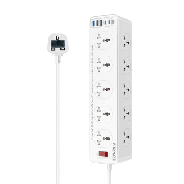 PROMATE | 10AC Socket Space Efficient Power Strip with Multiple Fast Charging USB Ports | POWERMATRIX2-5M.UK