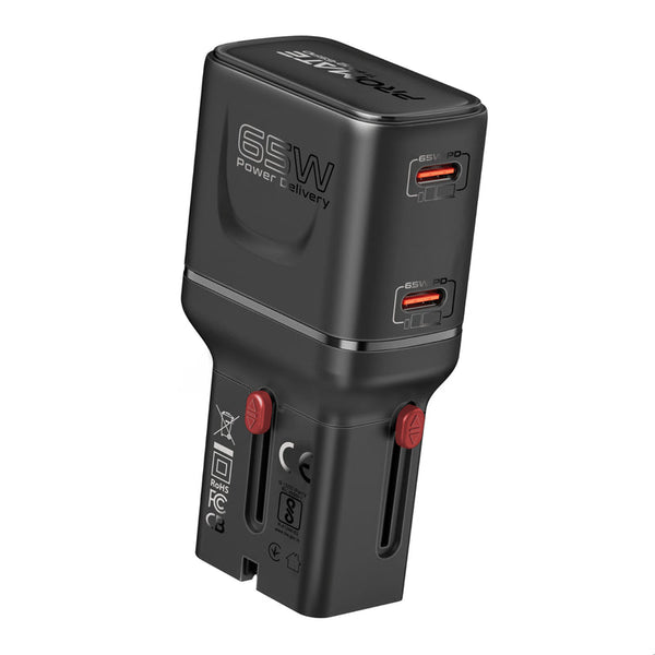 PROMATE | 565W PD Ganfast Dual Port Universal Travel Adaptor Black | TRIPLUG-65PD