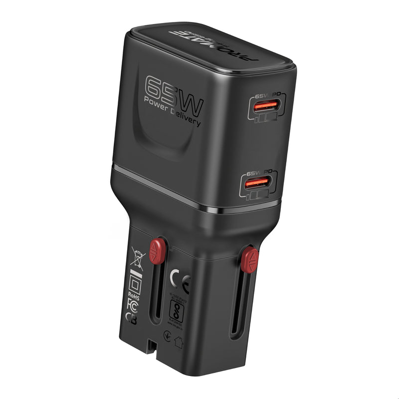 PROMATE | 565W PD Ganfast Dual Port Universal Travel Adaptor Black | TRIPLUG-65PD