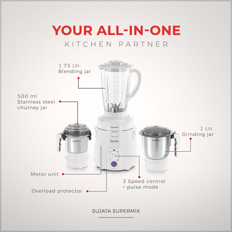 SUJATA | Supermix 900 Watts Mixer Grinder White