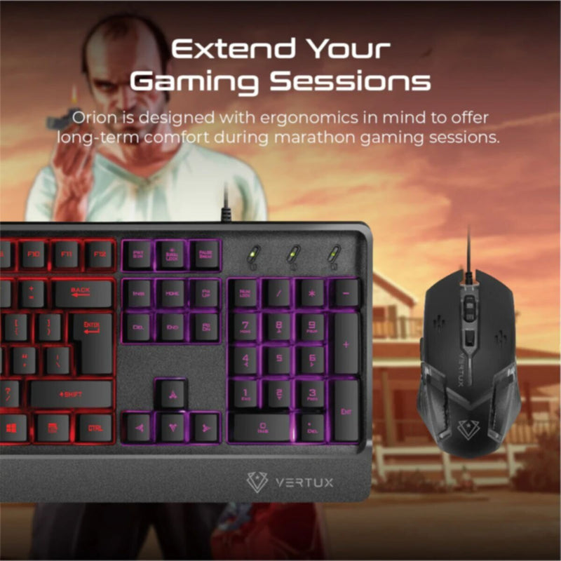 VERTUX | Backlit Ergonomic Wired Gaming Keyboard & Mouse Black | ORION.E/A