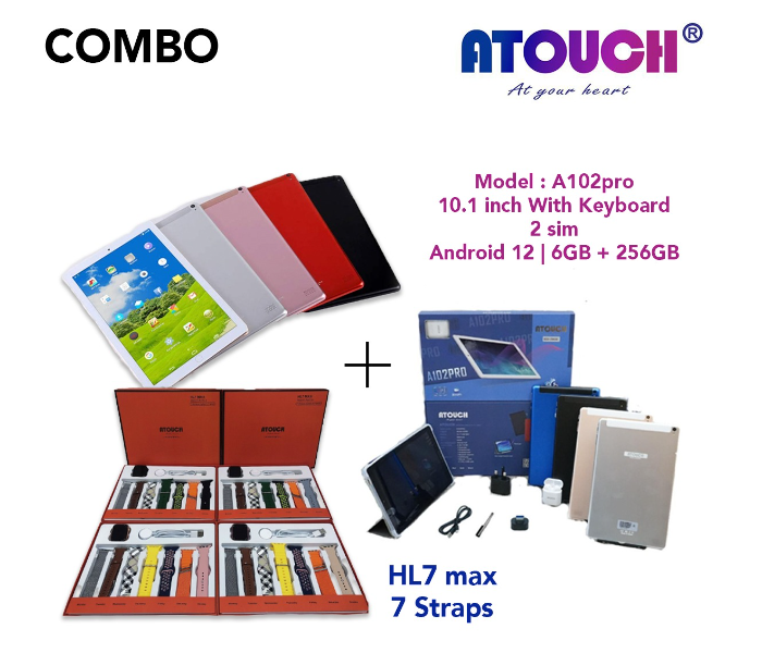 A touch A102 Pro 10.1 Inch 6GB 256GB Tablet with Keyboard And HL7 Max Smart watch with 7 Straps Combo   | JPN2531