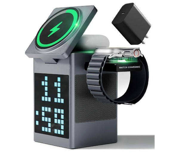 Multifunctional Magnetic Wireless Charging Station with Clock Pixel Display and Bluetooth Speaker with Wireless Charger for Smart watches and Earpods | JPO6393