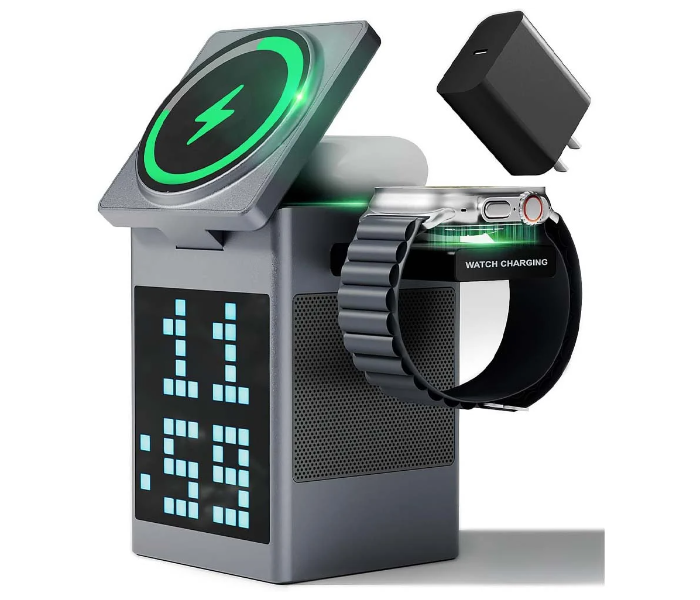 Multifunctional Magnetic Wireless Charging Station with Clock Pixel Display and Bluetooth Speaker with Wireless Charger for Smart watches and Earpods | JPO6393