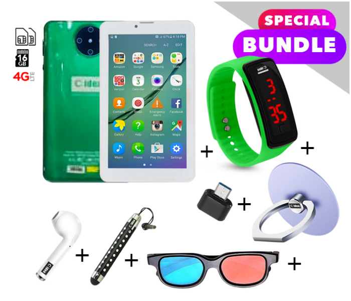 C idea CM430 7 inch Dual Sim 2GB RAM 16GB ROM  Android 4G LTE Tablet with Combo of Airpod-Finger Holder-Touch Pen-OTG Connector-3D Spectacle and LED Watch - Green | JPF0495