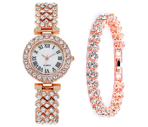 Luxury Women platinum Watch Fashion Ladies Quartz Diamond Wristwatch Elegant Female Bracelet Watches 2pcs Set | JPN1503