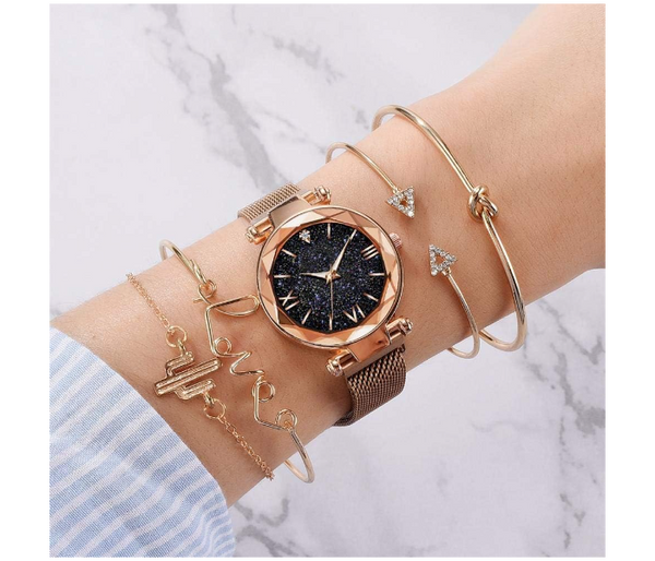 Jongo Luxury Starry Sky Dial Ladies Watches with 4 Pcs Crystal Bracelet Set - Gold | JPN3090
