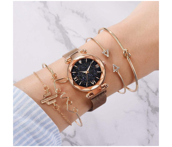 Jongo Luxury Starry Sky Dial Ladies Watches with 4 Pcs Crystal Bracelet Set - Gold | JPN3090