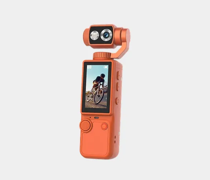 Air Tab Pocket 4K Ultra HD Action Camera | 180° Manual Flip Lens | Built-in Fill Light | with Tripod (Orange) | JPO5594