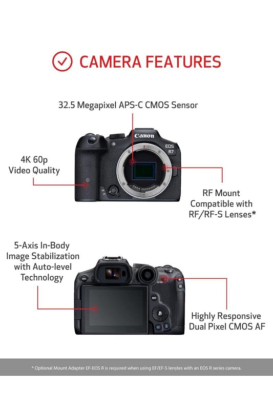 CANON | 32.5MP Mirrorless Camera (18-150 mm Lens, 22.3 x 14.8 mm Sensor + Mount Adapter | EOS R7 18-150mm