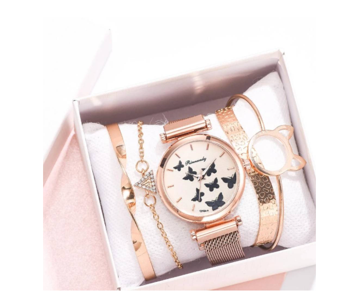 Rinnandy Ladies Butterfly Watch Set - Rose Gold with 4 Elegant Bracelets | JPO6431