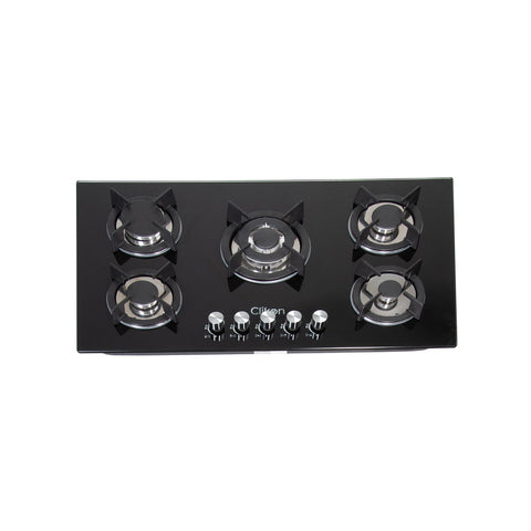CLIKON | 5 Burner Stainless Steel Glass Top Gas Hob Premium Kitchen Cooktop | CK4297