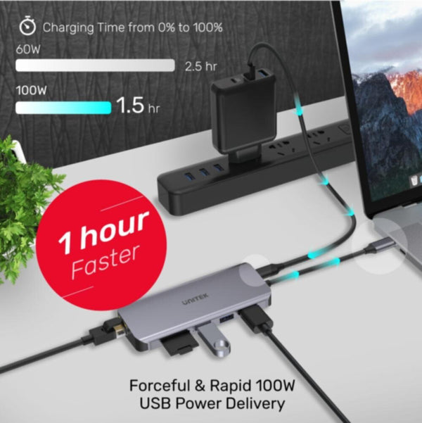 UNITEK |  9-in-1 USB3.1 Gen1 Type-C Hub (USB3.0*3 + HDMI + VGA + RJ45 + Card Reader + PD 100W), Space Grey (Replaces Y- 9115) | D1026B