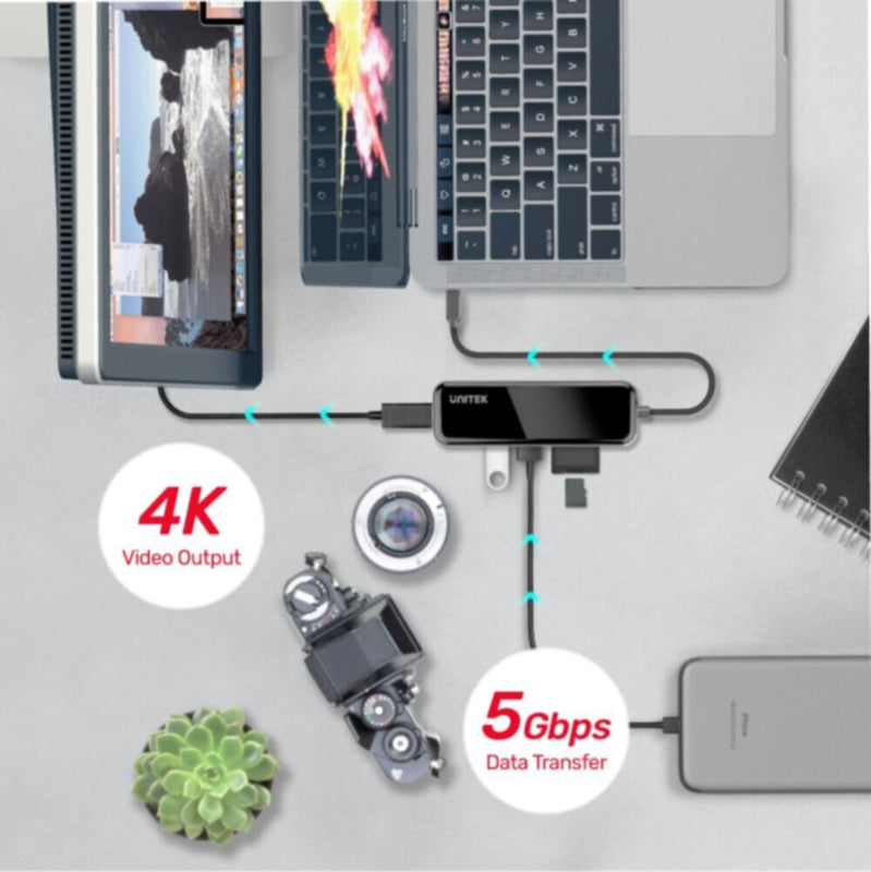 UNITEK |  5-in-1 USB3.1 Gen1 Type-C Hub (2*USB-A + HDMI + Card Reader), Space Grey+Black | D1036A