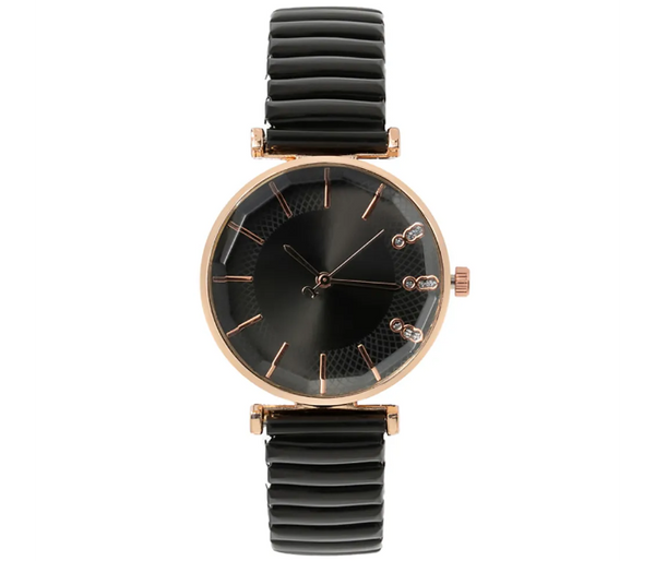 Treasure Simple Ladies Quartz Watch Casual Stainless Steel Elastic Stretch Strap - Black  | JPN3956