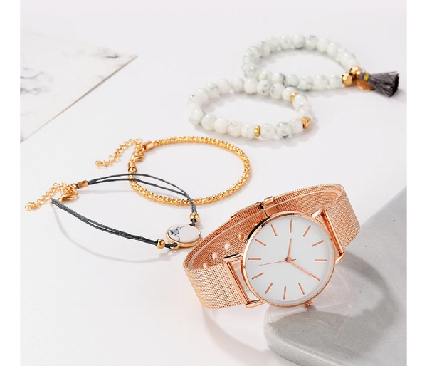 5pc/Set Women's Watches Rose Gold Simple Fashion Women Wrist Watch Luxury Ladies Watch Women Bracelet set | JPN1504