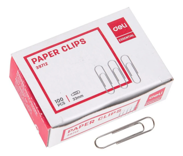 DELI | Paper Clips, 33mm Size, Silver, Box of 100 Clips, Durable for Office, School, and Home Use - E39712 | JPO6695