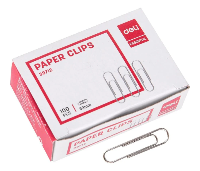 DELI | Paper Clips, 33mm Size, Silver, Box of 100 Clips, Durable for Office, School, and Home Use - E39712 | JPO6695