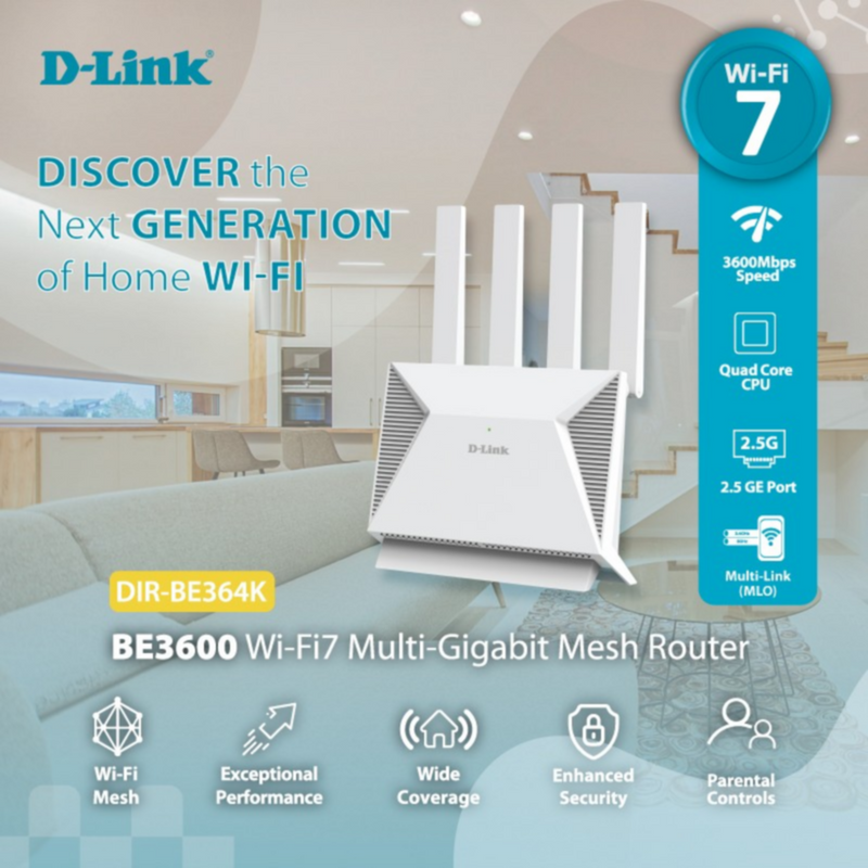 D-LINK | BE3600 Wi-Fi7 Multi-Gigabit Mesh Router | DIR-BE364K