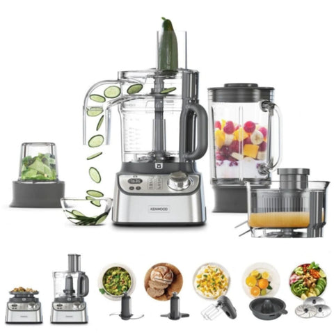 KENWOOD | Food Processor 1000W With Glass Blender, Glass Mill, Juicer Extractor, Dual Metal Whisk, Dough Maker, Citrus Juicer, Express Serve/Salad Maker, Kitchen Scale/Weighing Tray Silver | FDM71.980SS
